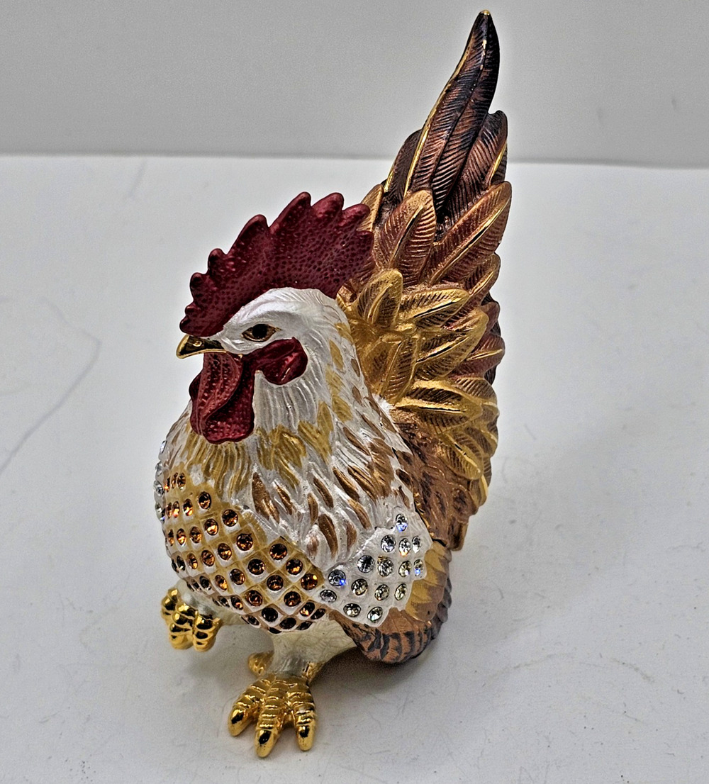 Vintage Rucinni Rooster Trinket Box Jeweled Crystals Farmhouse Vanity
